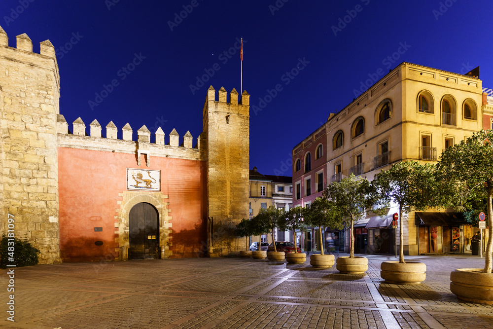 Night view of the entrance of the Alcazar castle in the heart of medieval old town of Sevilla in Andalucia in Spain