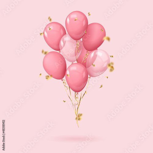 Bouquet, bunch of realistic pink balloons and gold ribbons, serpentine, golden confetti. Vector illustration for card, party, design, flyer, poster, decor, banner, web, advertising. 