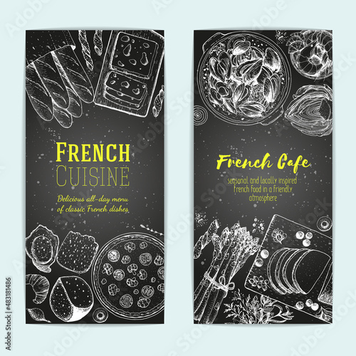 French food flyers design template. Vertical banners set. Vector illustration with bakery, cheese, beef bourguignon, foie gras, mussels. French Cuisine restaurant menu.