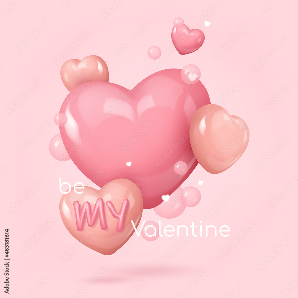 Poster with pink glossy candy heart and bubbles. Symbol of love. Be my Valentine. Vector illustration for card, party, design, flyer, poster, decor, banner, web, advertising.