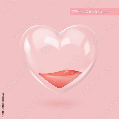 Realistic glass heart with red liquid and bubbles. Symbol of love. Be my Valentine. Vector illustration for card, party, design, flyer, poster, decor, banner, web, advertising.