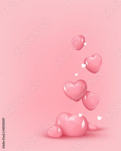 Poster with pink glossy candy half hearts. Look like 3d. Symbol of love. Happy Valentine's Day. Vector illustration for card, party, design, flyer, poster, decor, banner, web, advertising.