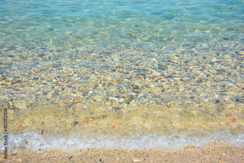 Top view image of a beautiful tropical sea landscape sand beach with transparent turquoise water with space for your text. Cote d Azur seaside