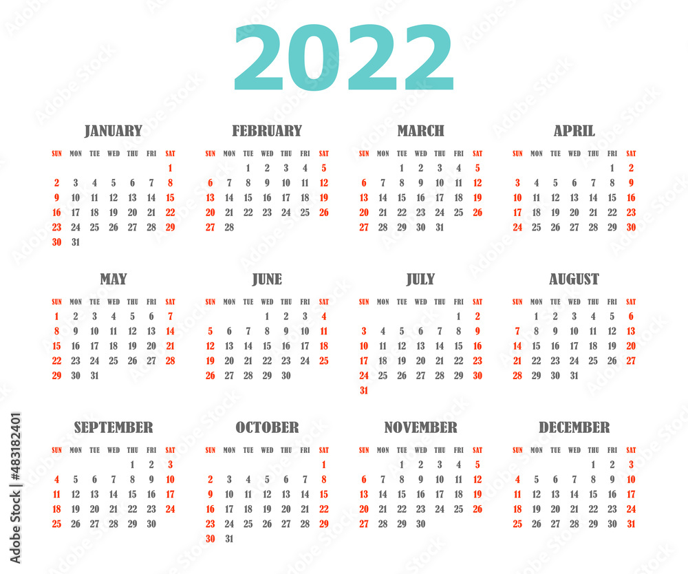 American calendar 2022 white color. Week starts on Sunday American calendar 2022 white color. Week starts on Sunday