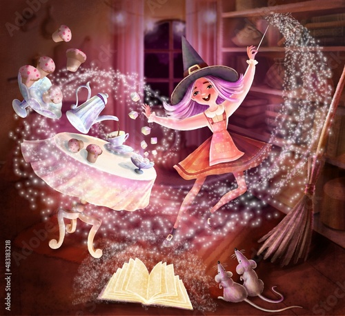 Young Magician waving a magic wand and reads spell, book of spells, witch does magic