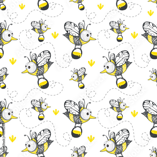 Cartoon doodle cute bees and flowers vector seamless pattern