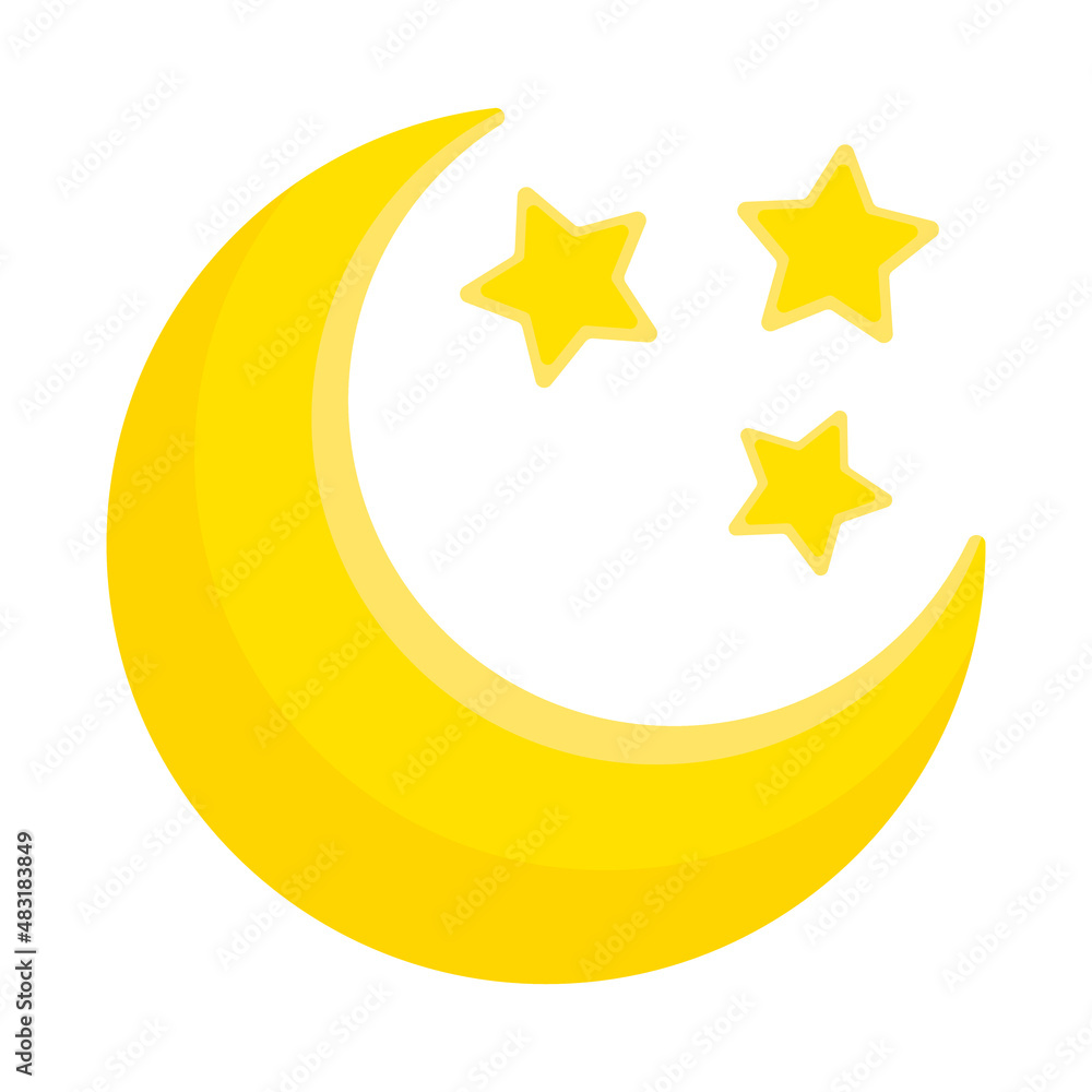 Moon and stars close-up icon. Abstract moon. Yellow moon and stars isolated on white background Moon and stars close-up icon. Abstract moon. Yellow moon and stars isolated on white background
