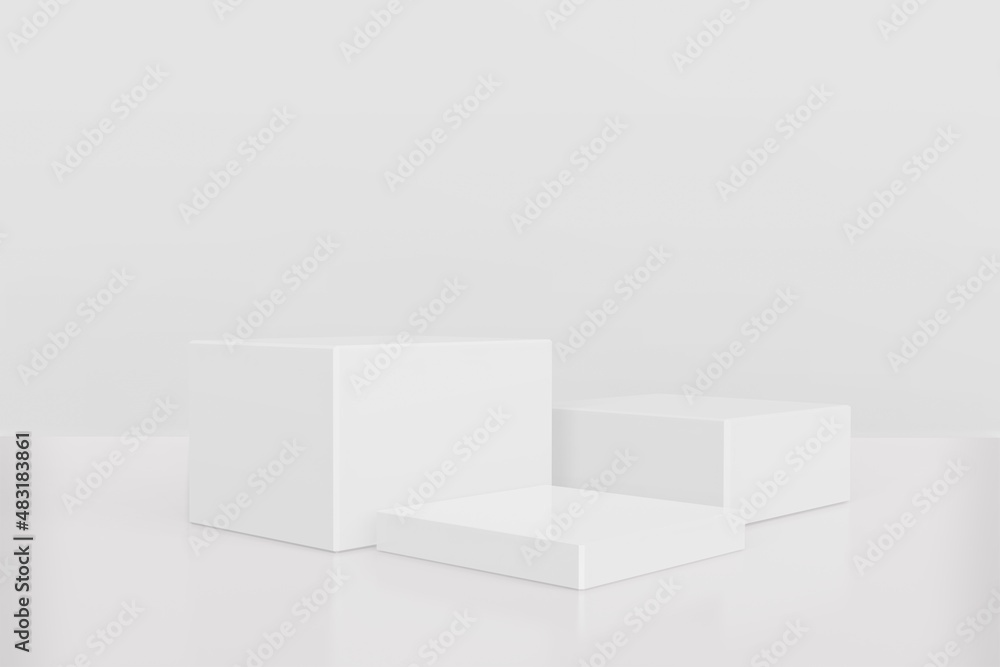 White pedestal display with box stand concept. Podium for brand promotion product, realistic 3d digital render White pedestal display with box stand concept. Podium for brand promotion product, realistic 3d digital render