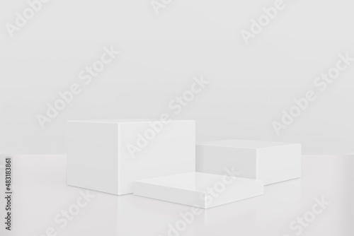 White pedestal display with box stand concept. Podium for brand promotion product, realistic 3d digital render