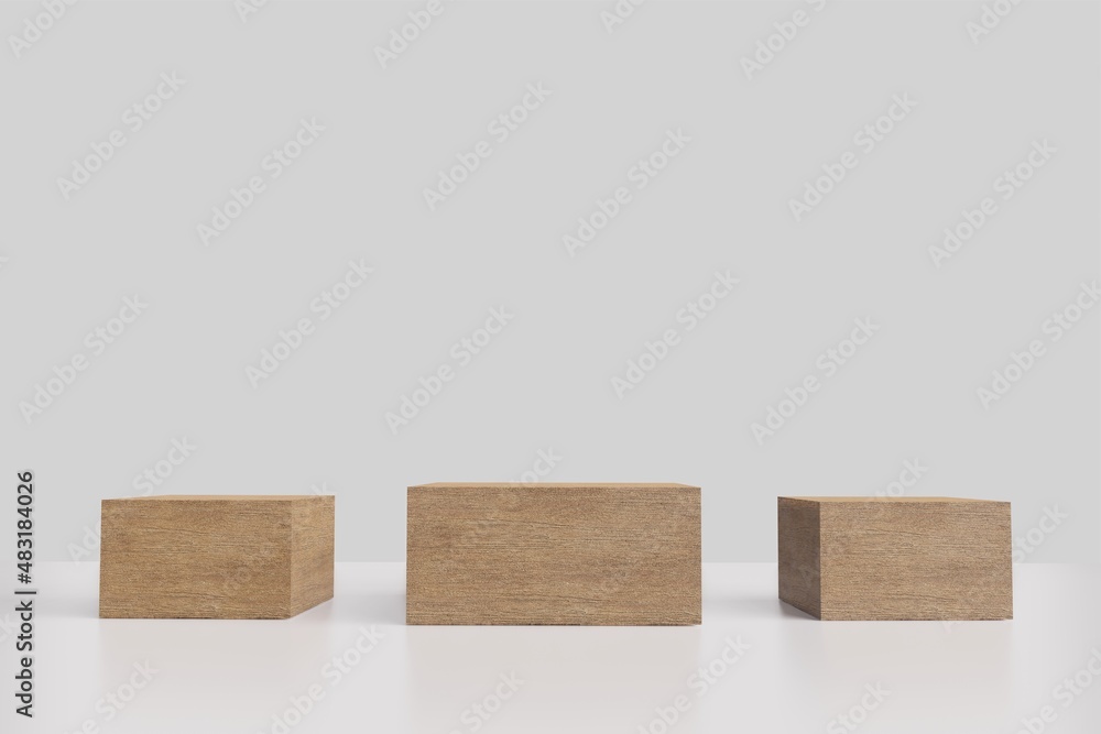 Wooden pedestal display with box stand concept. Podium for brand promotion products, realistic 3d digital rendering Wooden pedestal display with box stand concept. Podium for brand promotion products, realistic 3d digital rendering