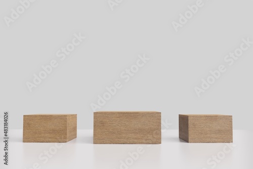 Fototapeta Naklejka Na Ścianę i Meble -  Wooden pedestal display with box stand concept. Podium for brand promotion products, realistic 3d digital rendering
