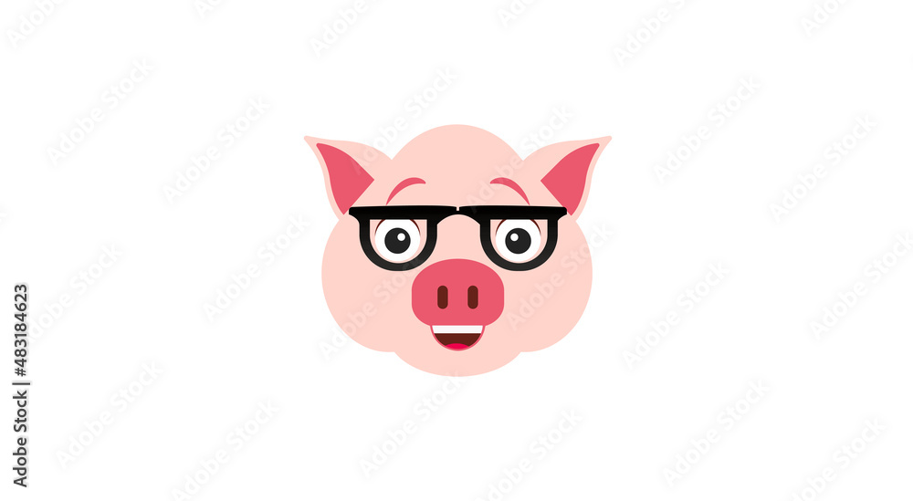 Cute pig in black round glasses. Vector cartoon illustration. Clipart and drawing on white background.