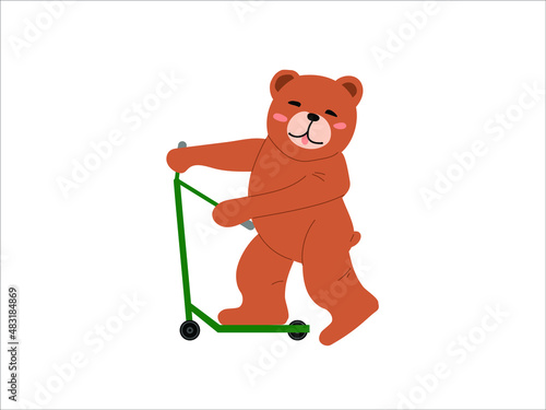 Cheerful cartoon bear rides a scooter. Summer children's fun, games, sports. Colored vector illustration on a white background.