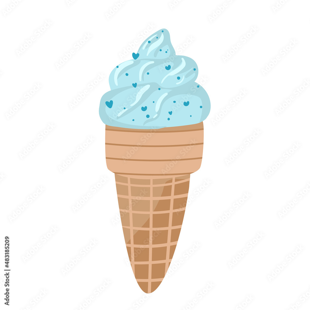 Ice cream with a waffle tube on a white background with blue icing. Vector illustration. hand drawing