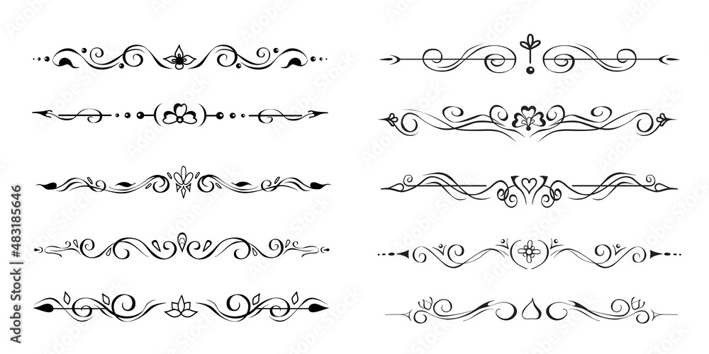 © Verachana - Set of ornate text delimiters, dividers, page bottom decoration lines, borders, or vignettes. Hand-drawn elements