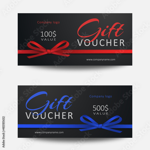 Set of gift vouchers with red, blue ribbons and bows. Template for a festive gift coupon, invitation and certificate. Vector Illustration