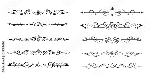 Set of ornate text delimiters, dividers, page bottom decoration lines, borders, or vignettes. Hand-drawn elements