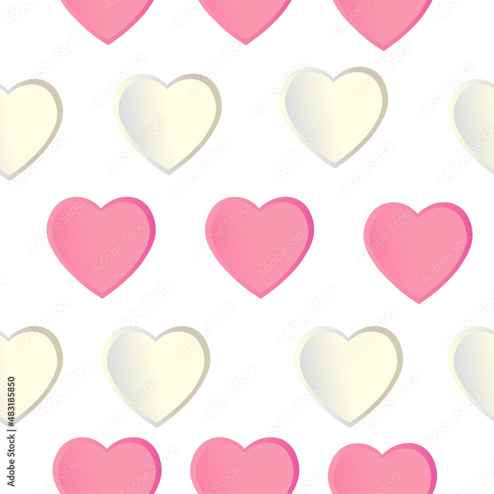 Pattern with pink and white hearts on a white background. Vector design for paper, cover, gift wrapping, fabric, indoor decor and other uses.