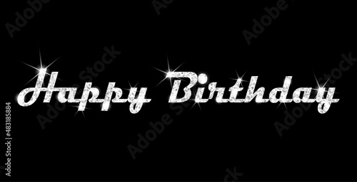 Greeting card with Happy Birthday  text written in silver and sparkles on a black background. Beautiful sparkling template for design, holiday card, banner, poster.