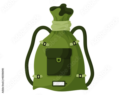 Green khaki military or tourist backpack, duffel bag or luggage. Touristic equipment for camping and tourism.