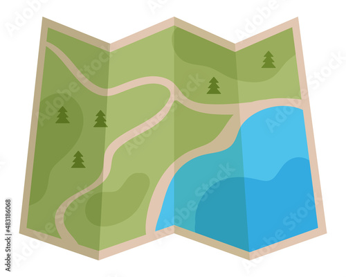 Folded paper desktop local map for the traveler, driver or military. Touristic equipment for camping and tourism.