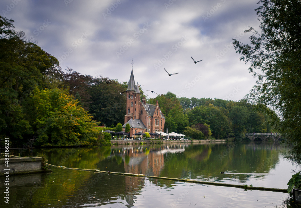 Paisaje de un castillo con reflejos en los canales pájaros volando y arboles verdes de viaje de turismo a Brujas Bélgica europa