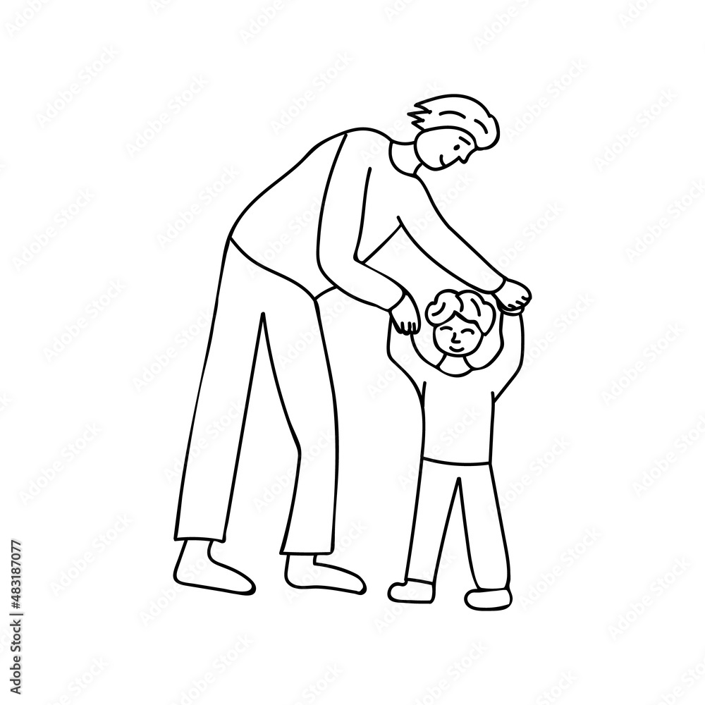 Father playing with his child doodle illustration in vector. Hand drawn illustration of father playing with his son.
