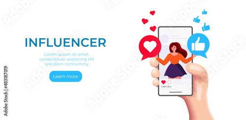 concept of illustration of women as social media influencers with 3d hand. Social media marketing, promotion, blogging, advertising, followers concept.