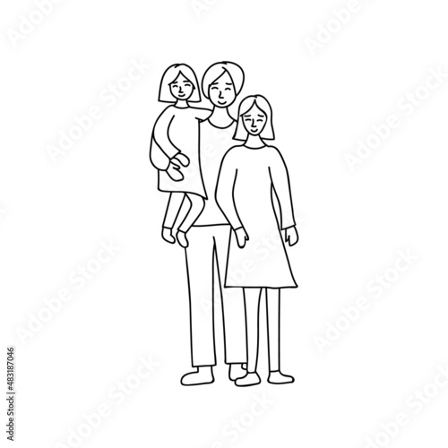 Father, mother and daughter doodle illustration. Hand drawn illustration of parents with child. Parents with daughter.