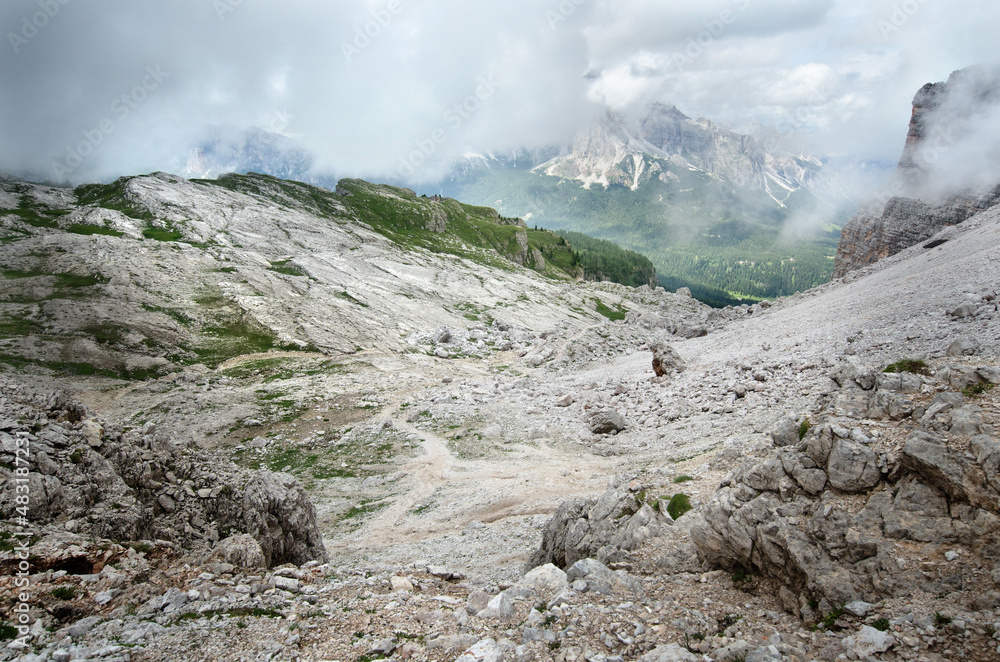 The Lastoi di Formin rocky plateau on a clouded day, Dolomites, Italy