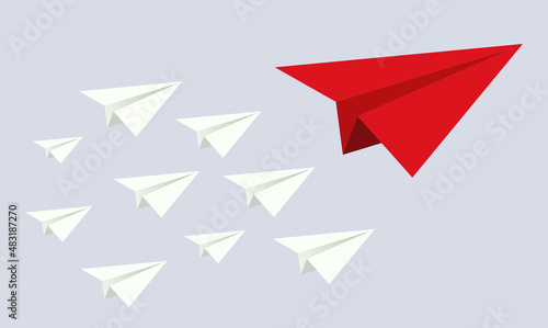 Paper planes competition in the sky background illustration. Concept of leadership, teamwork, different, competition, business, startup, management, goal, strategy, creative idea. VECTOR EPS10.