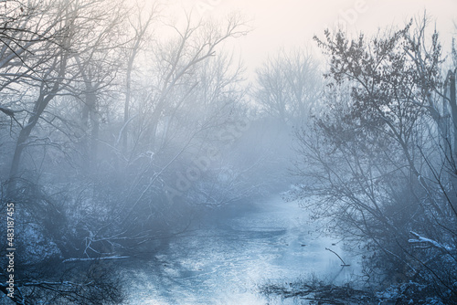zimowy pejzaż z mgłą o poranku wśród lasów i wody © Henryk Niestrój