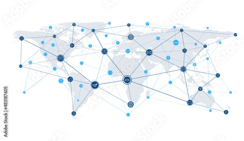 Blue World map with continents, connection lines and communications/social icons background illustration. Vector EPS10.