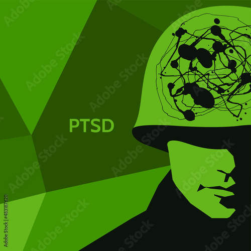 vector polygonal camouflage portrait of a soldier. silhouette of a military man in a helmet. war veteran has depression, mental health, emotion problems, post-traumatic stress disorder, rehabilitation