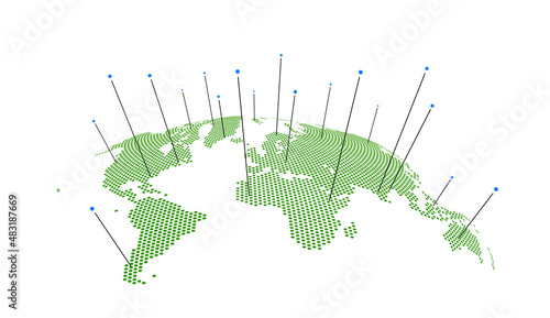 Green curved dotted World map. Vector EPS10 illustration.