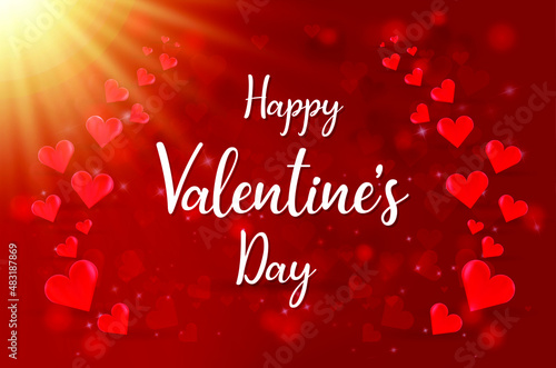 Valentine's day card design in red with hearts and sunlight. Romance and love concept.