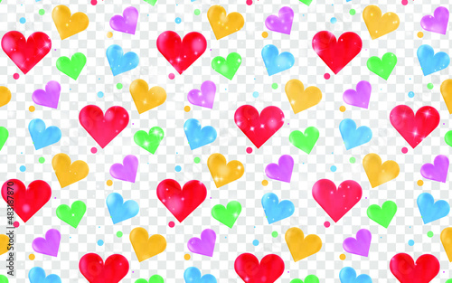 Seamless pattern for Valentine's Day with hearts in red, blue, green and yellow