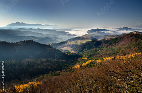 Fototapeta Naklejka Na Ścianę i Meble -  Mount Three Crowns (Trzy Korony) and the Tatra Mountains over a sea of clouds, seen from Mount Wysoka in the Pieniny National Park, Poland