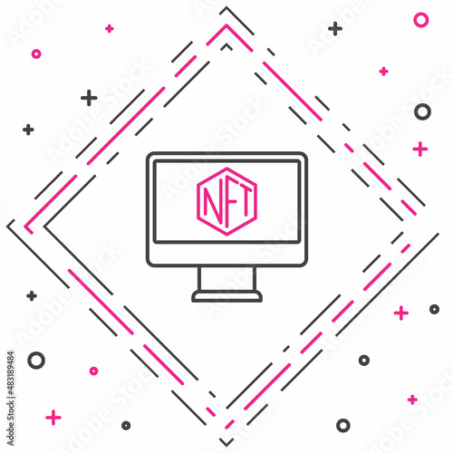 Line Monitor with art store app icon isolated on white background. Technology of selling NFT tokens for cryptocurrency. Non fungible token concept. Colorful outline concept. Vector