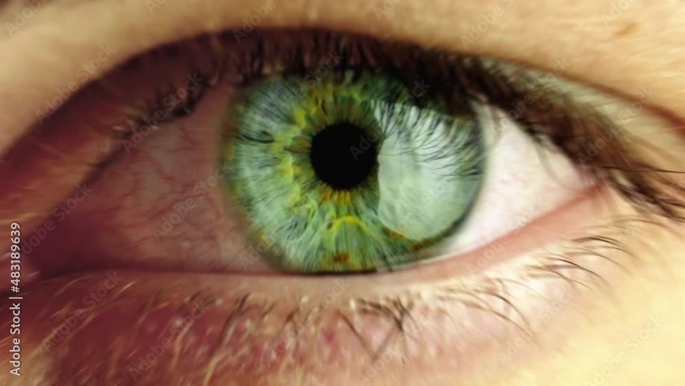 zoom in shot close up of human male eye. transition zoom to infinity black