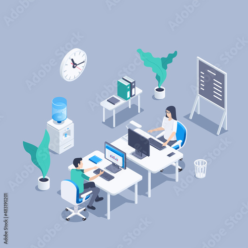 isometric vector illustration on a gray background, a man and a woman work in the office at their jobs, office interior