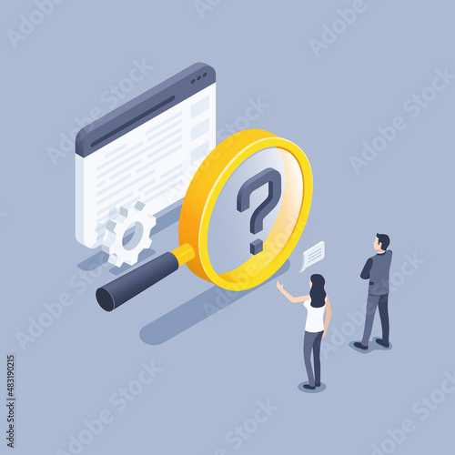 isometric vector illustration on a gray background, a question mark in a magnifying glass and people in business suits look at the browser window and discuss working moments