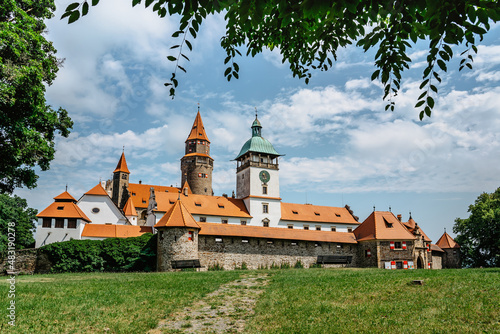 Bouzov Castle, Moravia,Czech Republic.Romantic fairytale chateau with eight-storey watchtower built in 14th century.National cultural monument,popular tourist place.Picturesque location for shooting
