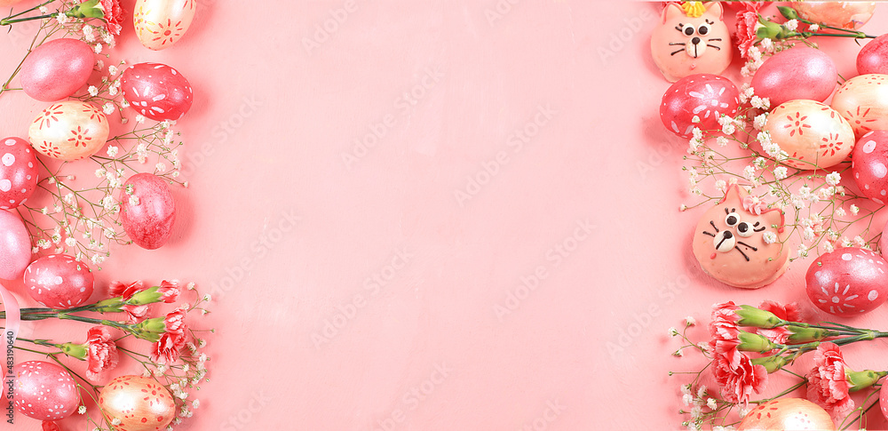 Happy Easter concept, spring card, background. Decorated pink Easter eggs on a gentle background. Minimal holiday concept, space for text, banner for screen, template for design Happy Easter concept, spring card, background. Decorated pink Easter eggs on a gentle background. Minimal holiday concept, space for text, banner for screen, template for design