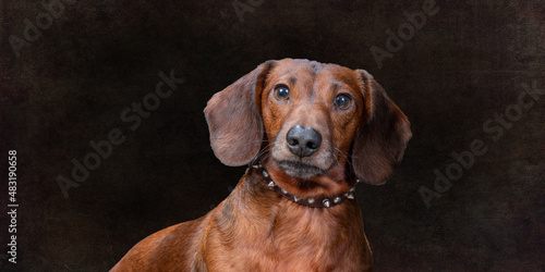 Mahogany Weiner Dog On Wide Brown Background With Copy Space