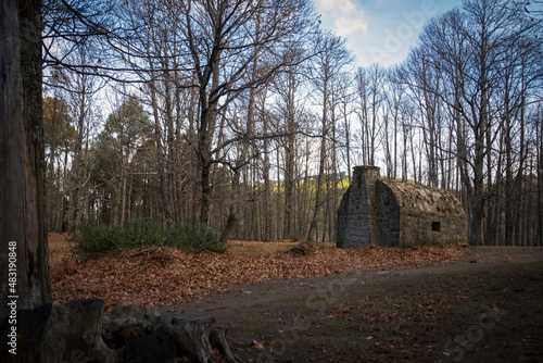 refugio de piedra en medio de un bosque en otoño con hojas caídas marrones y arboles de excursión de senderismo en la sierra de Madridid 