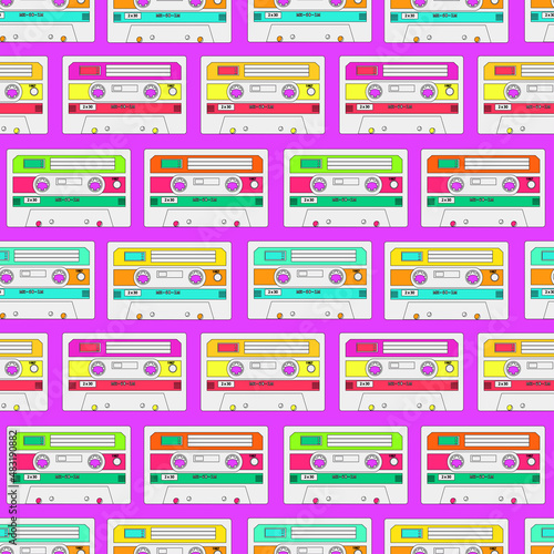 Seamless pattern with colorful audio tapes on purple background. Design for fabric and paper, surface textures.