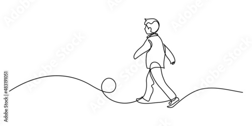 Boy kicking a ball in continuous line art drawing style. Elementary age boy playing football black linear sketch isolated on white background. Vector illustration