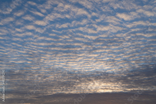 Obraz na plátně A skyscape with cirrocumulus clouds in white, red and yellow and a clear deep bl