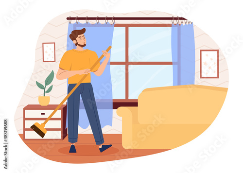 Man cleaning at home. Young attractive character holding swab in his hand. Hygiene and beauty, household chores and routine. Apartment, house, home and room. Cartoon flat vector illustration